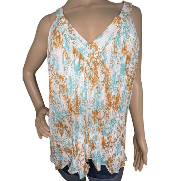 Entro V-Neck Boho Abstract Patterned Ruffled Loose Fit Tank Top - Picture 1 of 5